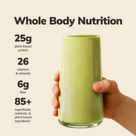 Ka’Chava matcha shake glass with creamy texture for quick meals.