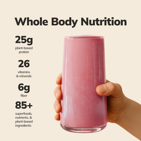 Pouring Ka’Chava shake from blender, ideal for a quick healthy morning boost.