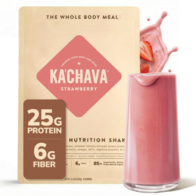 Ka’Chava strawberry shake in glass, plant-based nutrition for daily energy.