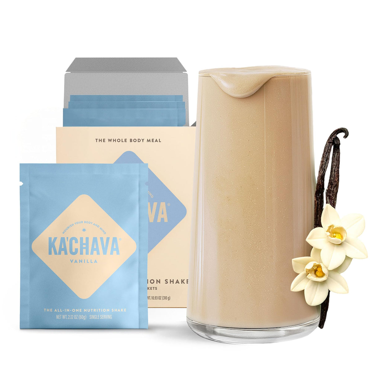 Ka’Chava Vanilla powder jar showcases a convenient plant-based meal option for busy days