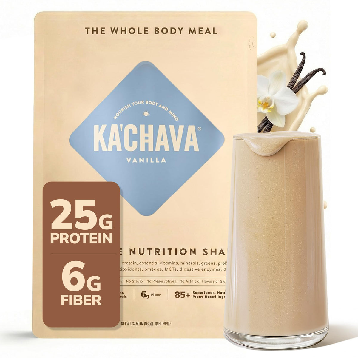 Ka’Chava Vanilla bottle shows convenient plant-based nutrition.