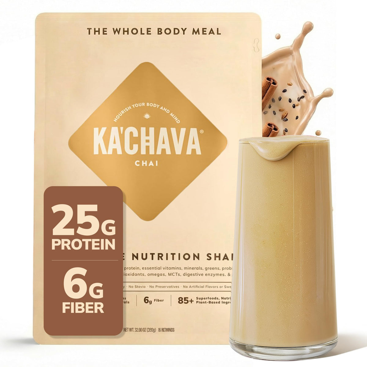 Ka’Chava whole body meal shake chai front view, creamy plant-based nutrition