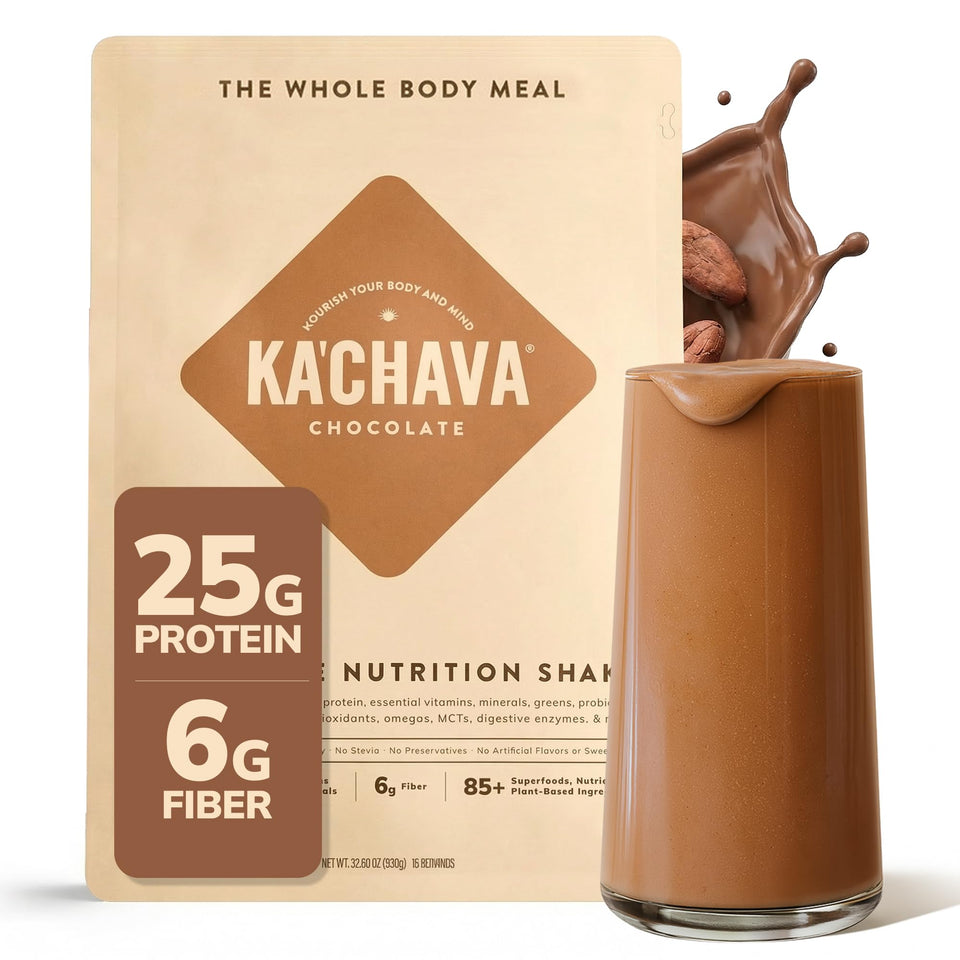 Ka’Chava Whole Body Meal Shake chocolate packaging highlights clean, plant-based nutrition.
