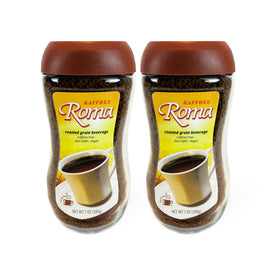 Kaffree Roma bottle with steaming cup, caffeine-free coffee alternative.