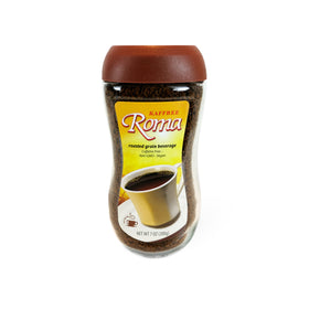 Kaffree Roma bottle and spoon showing a caffeine-free roasted beverage ready to enjoy.