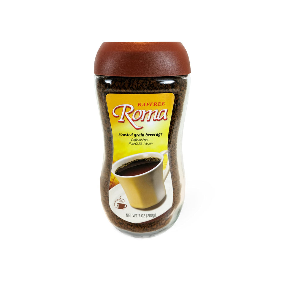 Kaffree Roma bottle and spoon showing a caffeine-free roasted beverage ready to enjoy.