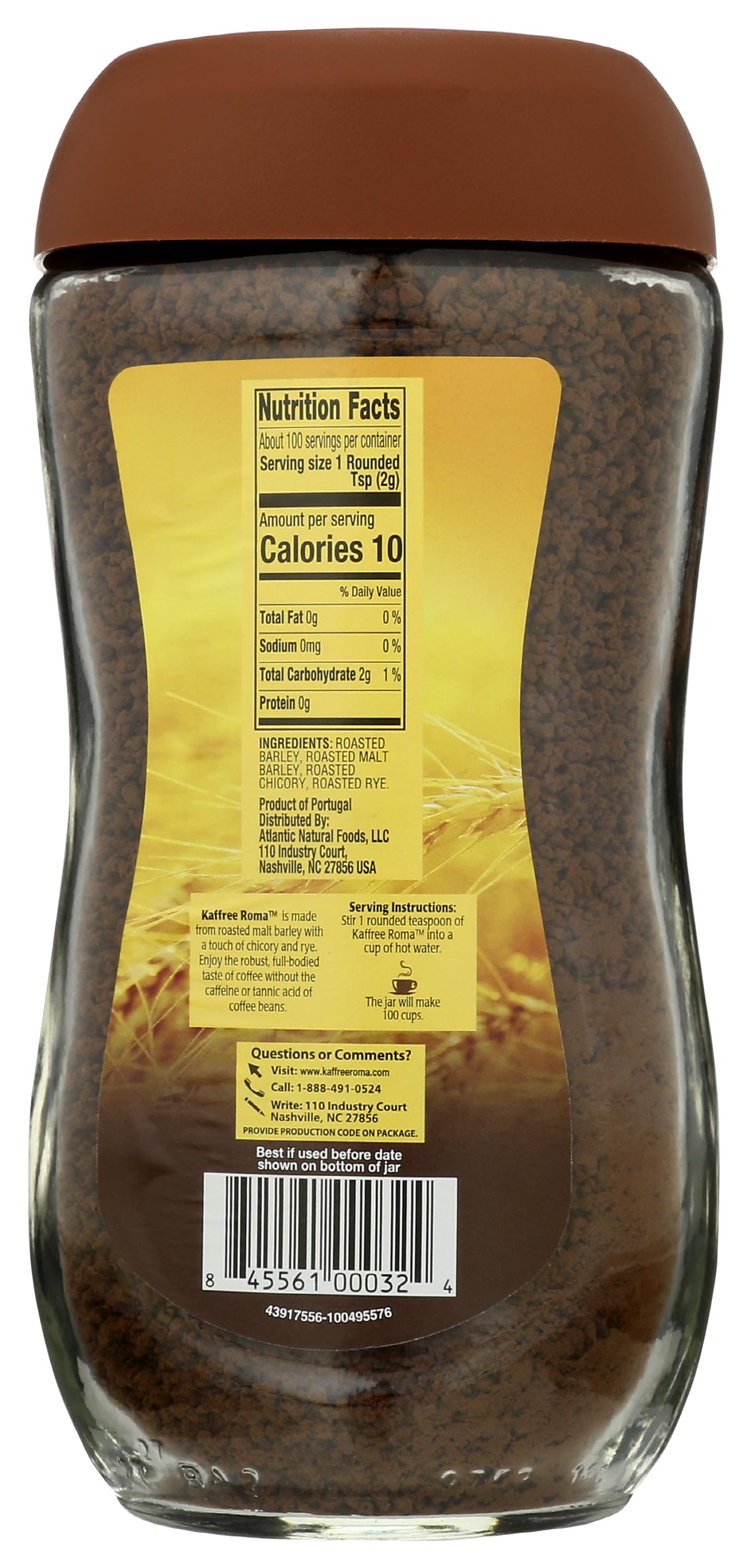 Kaffree Roma Original 7oz packaging box highlights convenient pantry-ready caffeine-free option.