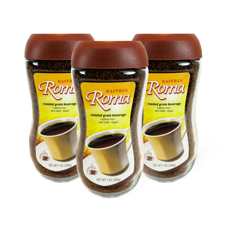 Kaffree Roma Original cup shows caffeine-free coffee alternative with bold roasted flavor