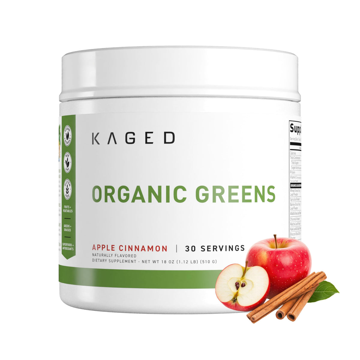Kaged Organic Greens Powder Apple Cinnamon front label with organic vitamins and minerals.