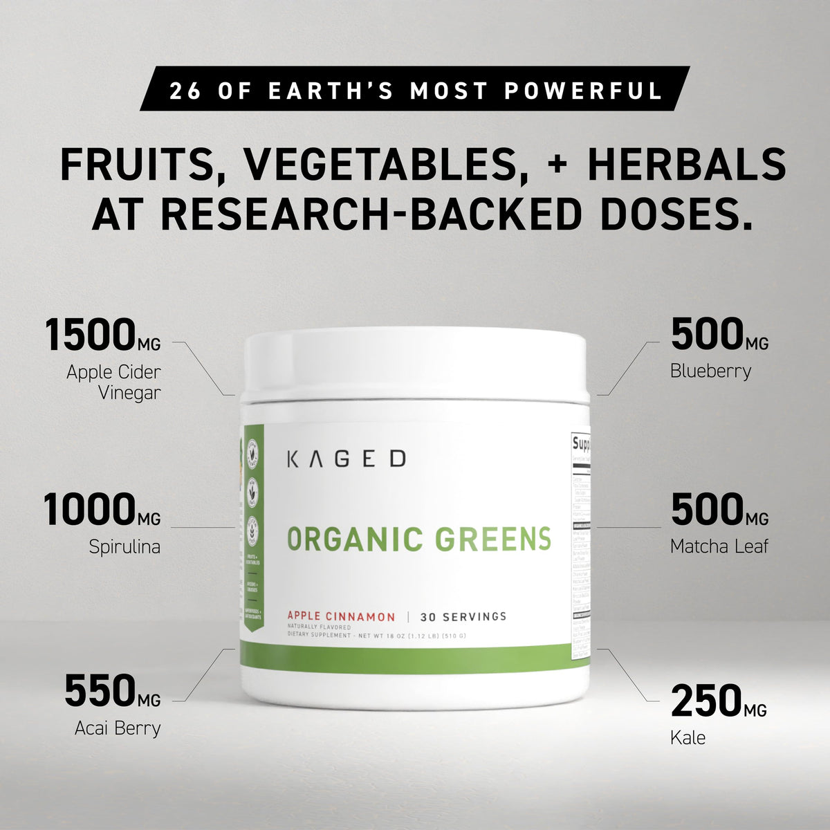 Glass with prepared green smoothie featuring Kaged Organic Greens Powder Apple Cinnamon.