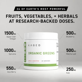Glass with prepared green smoothie featuring Kaged Organic Greens Powder Apple Cinnamon.