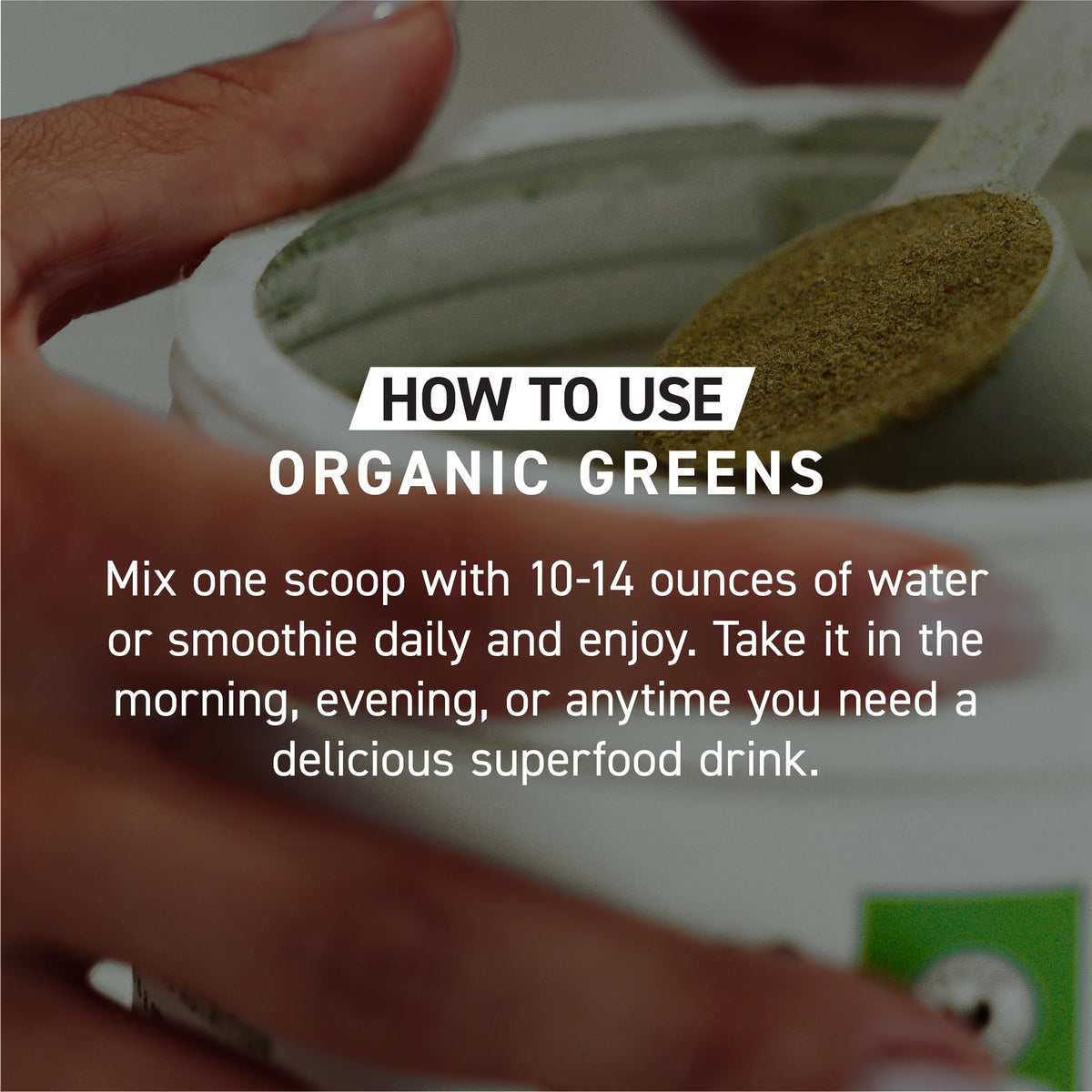 Pouring Outlive 100 greens powder into water for quick, sugar-free hydration.