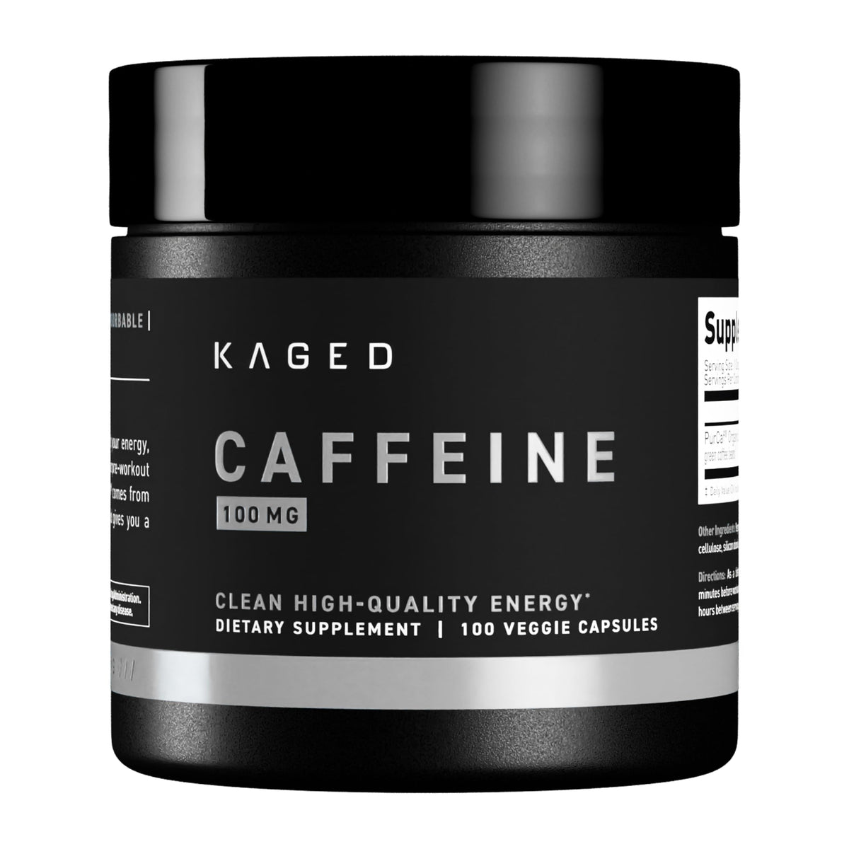 Kaged PurCaf caffeine pills bottle showing daily energy and focus benefits