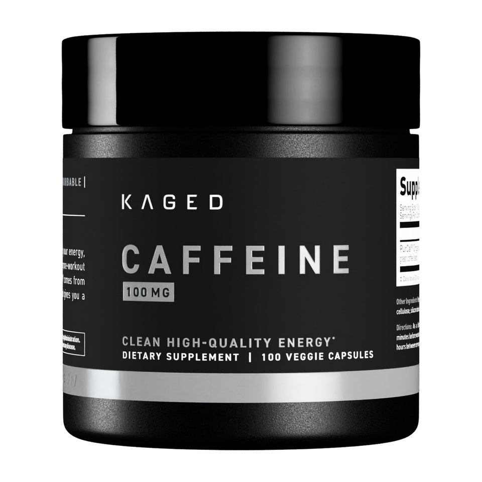 Kaged PurCaf caffeine pills bottle showing daily energy and focus benefits