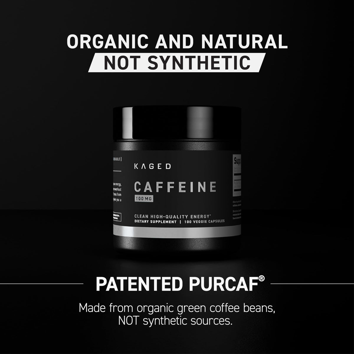 Kaged PurCaf label closeup highlighting organic caffeine source and transparency