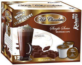 Kahan's Dairy Free Hot Chocolate Cups packaging highlights vegan and kosher labeling for single-serve indulgence.