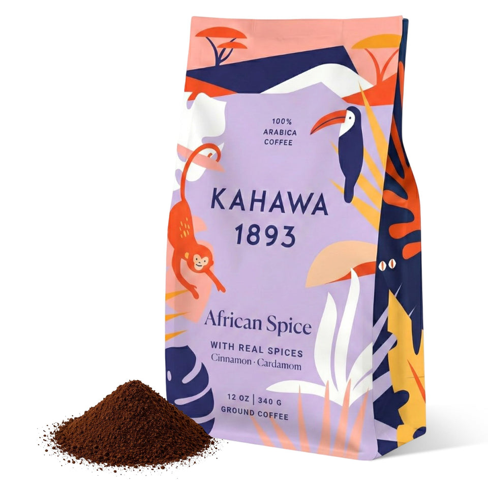 KAHAWA 1893 African Spice packaging front highlighting sustainable sourcing.