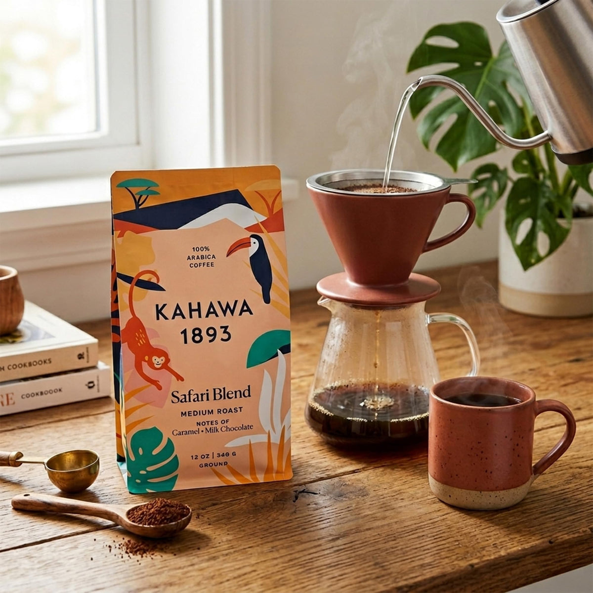 KAHAWA 1893 ground coffee bag details emphasize organic and ethical sourcing.