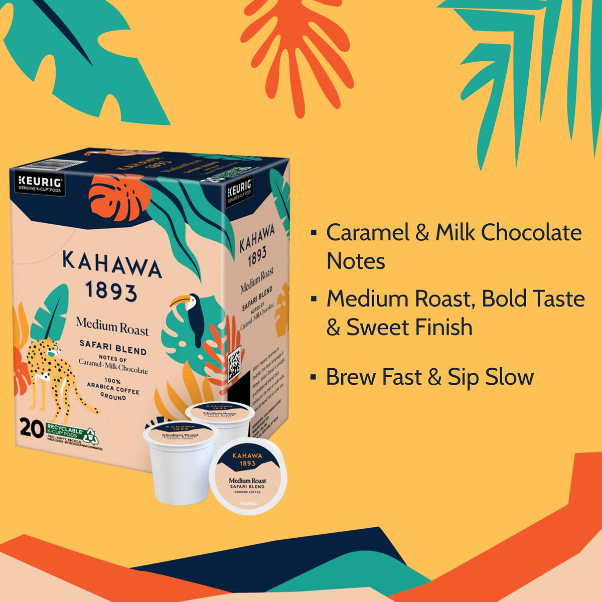 KAHAWA 1893 Safari Blend K-Cup pod close-up highlighting balanced flavor notes.