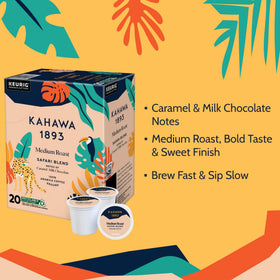 KAHAWA 1893 Safari Blend K-Cup pod close-up highlighting balanced flavor notes.