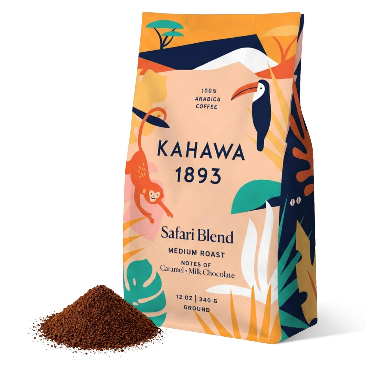 KAHAWA 1893 Safari Blend packaging close-up highlighting sustainable sourcing and premium aroma.