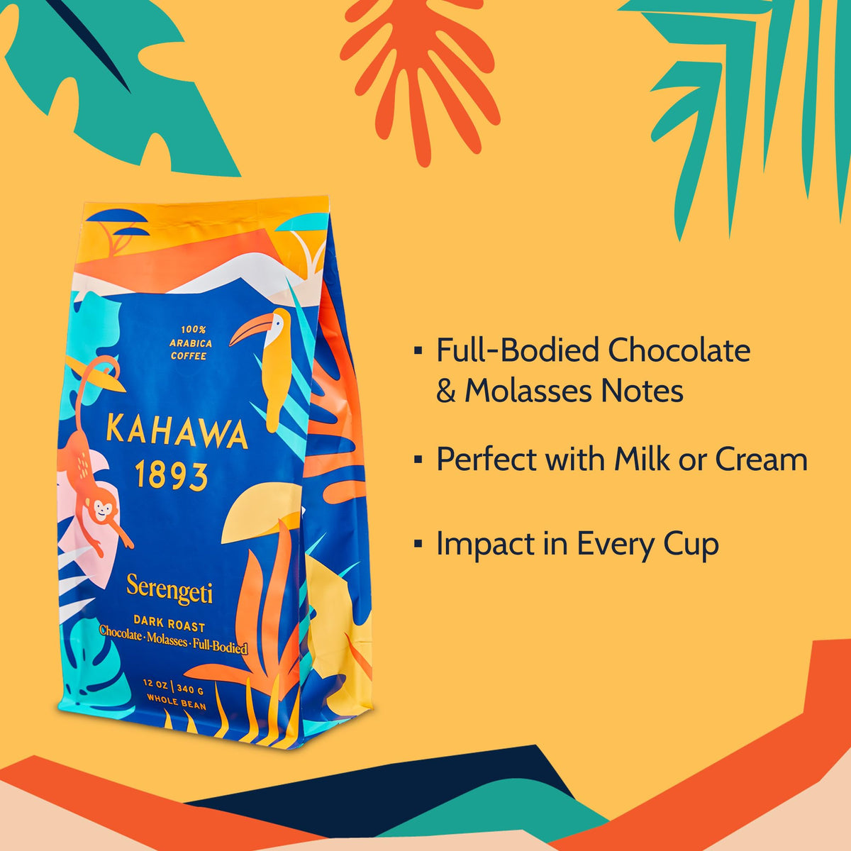 Packaging of Kahawa 1893 Serengeti Blend highlighting organic, ethical sourcing