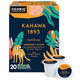 KAHAWA 1893 Serengeti Blend dark roast K-Cup pod with rich chocolate notes for bold mornings.