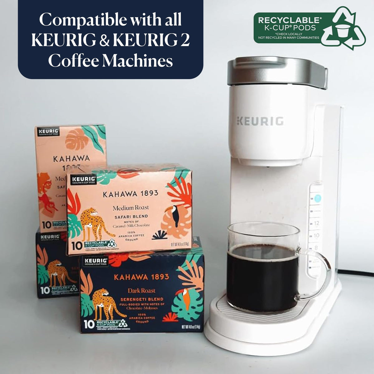 KAHAWA 1893 single-serve K-Cups for quick, convenient brews.