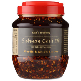 Kah's Journey chili oil bottle with pour spout for easy drizzle on meals.