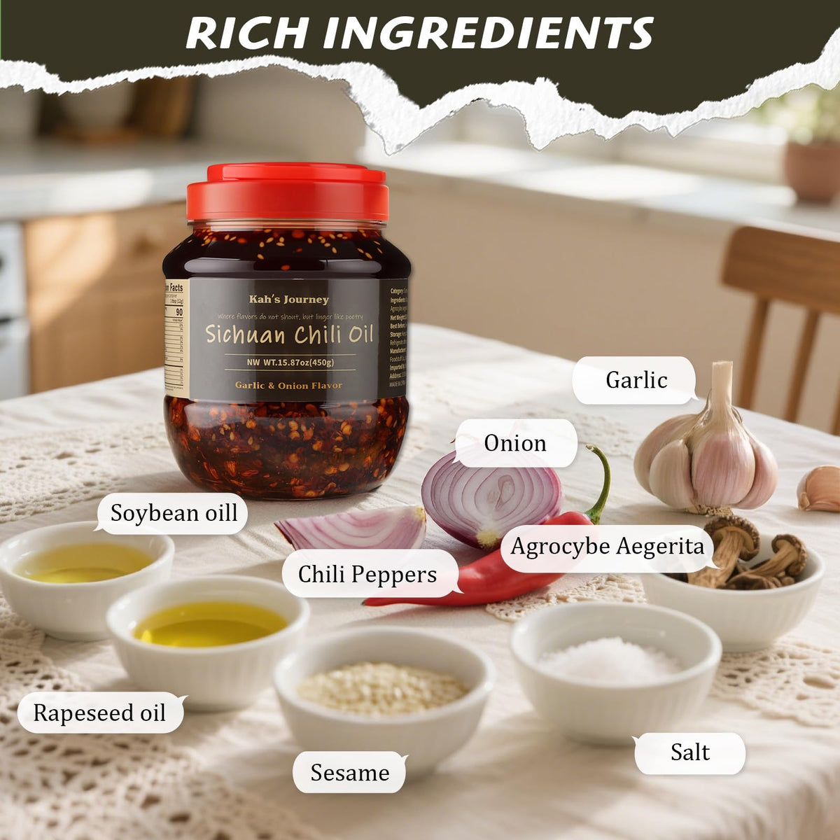 Kah's Journey chili oil shows sesame seeds and vibrant aroma.