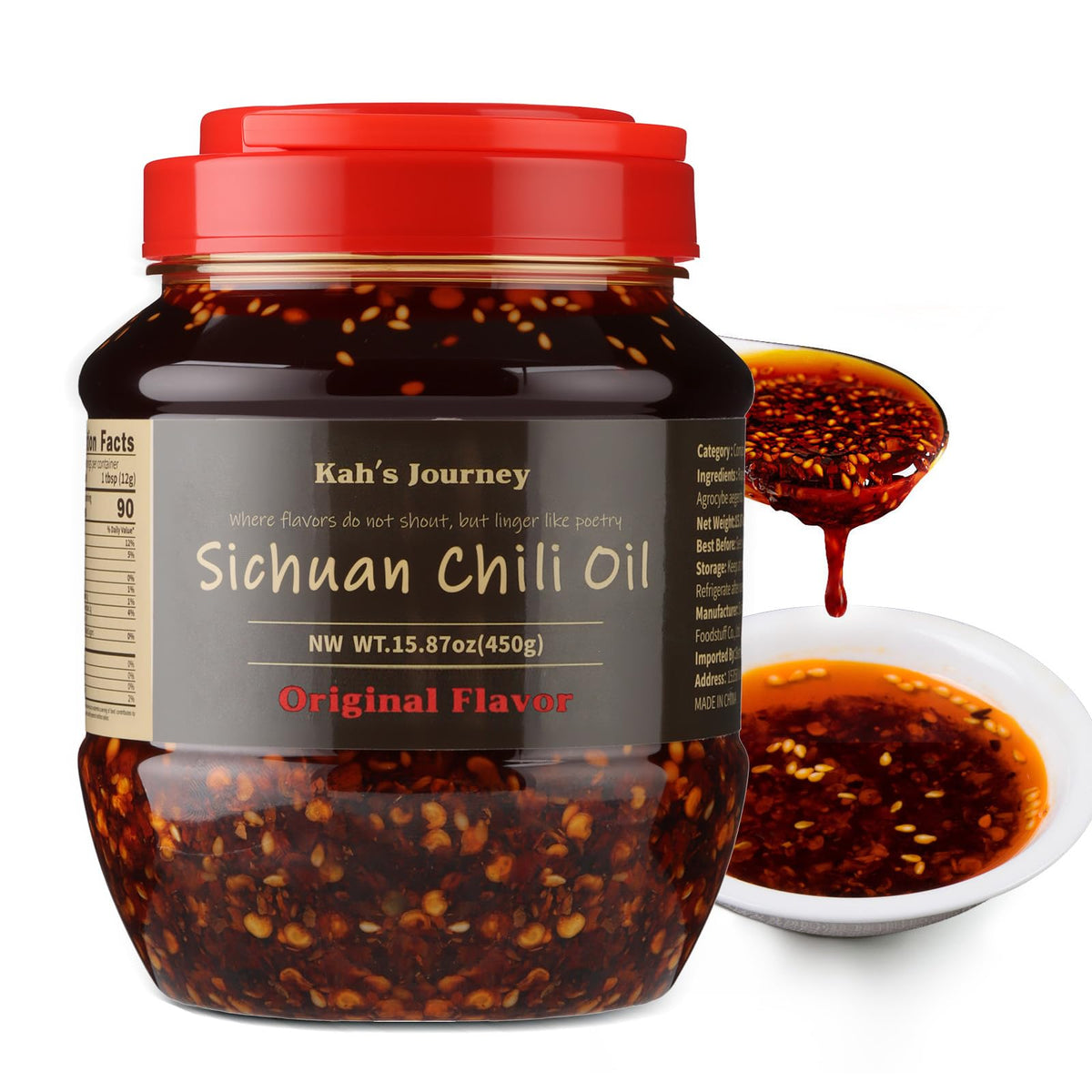 Kah's Journey Original Szechuan Chili Oil bottle ready to flavor noodles, dumplings, and stir-fries.