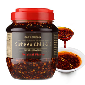 Kah's Journey Original Szechuan Chili Oil bottle ready to flavor noodles, dumplings, and stir-fries.