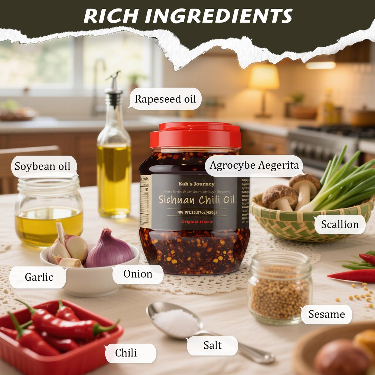 Kah's Journey oil with sesame seeds enhances aroma and depth of flavor.
