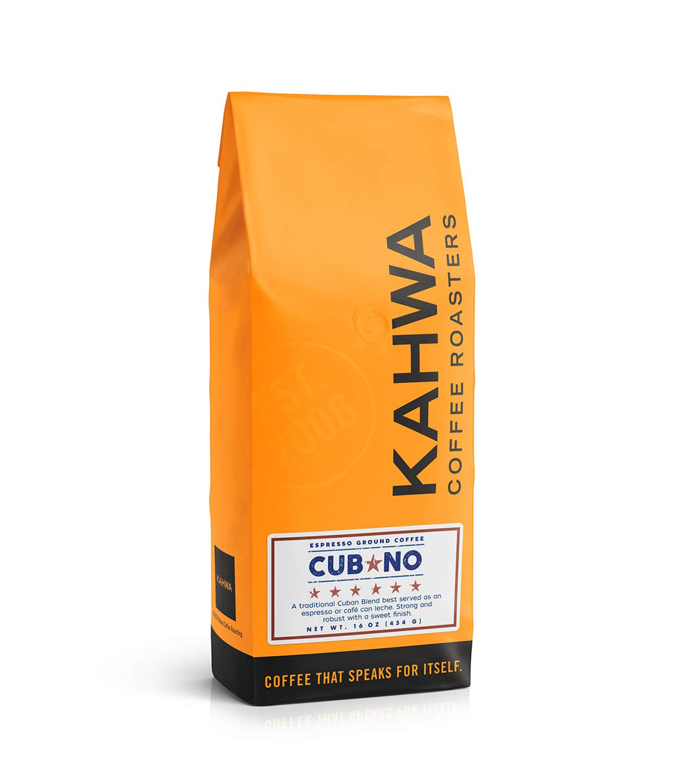Kahwa Cuban Coffee Grounds bag front with Cubano roast for bold espresso.