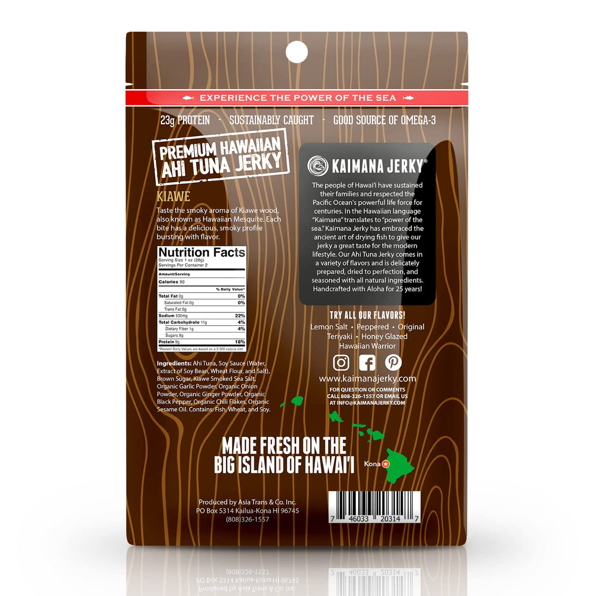Kaimana Ahi Tuna Jerky 23g protein per bag for sustained energy.