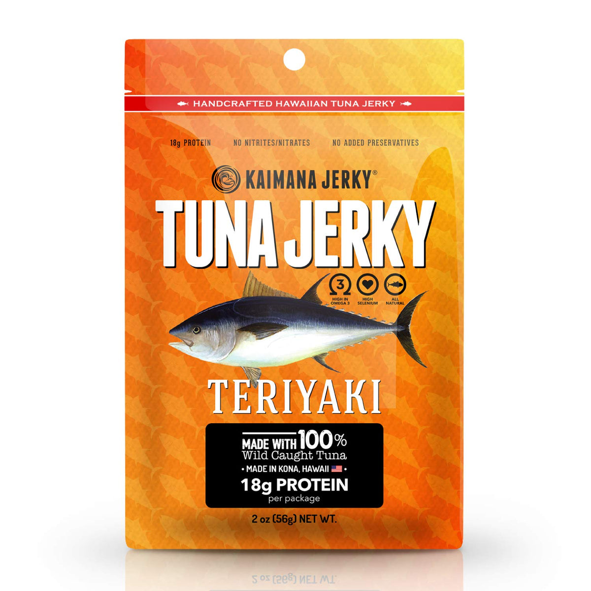 Kaimana Ahi Tuna Jerky Teriyaki bag showcases premium texture and on-the-go snack convenience.