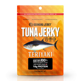 Kaimana Ahi Tuna Jerky Teriyaki bag showcases premium texture and on-the-go snack convenience.