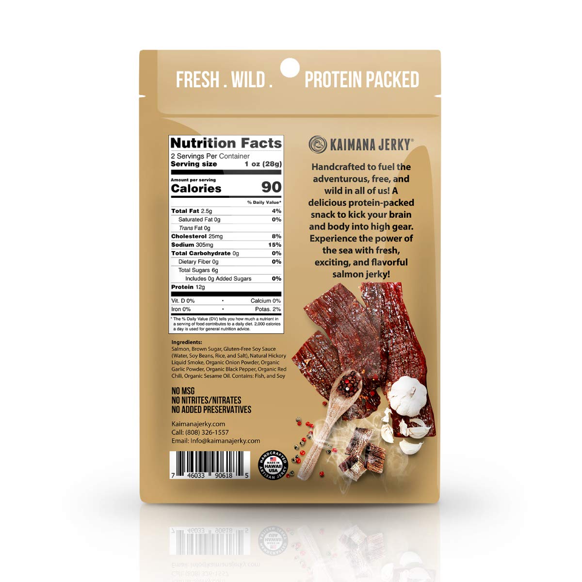 Kaimana Jerky salmon jerky strips close-up, smoky texture ideal for on-the-go snacking