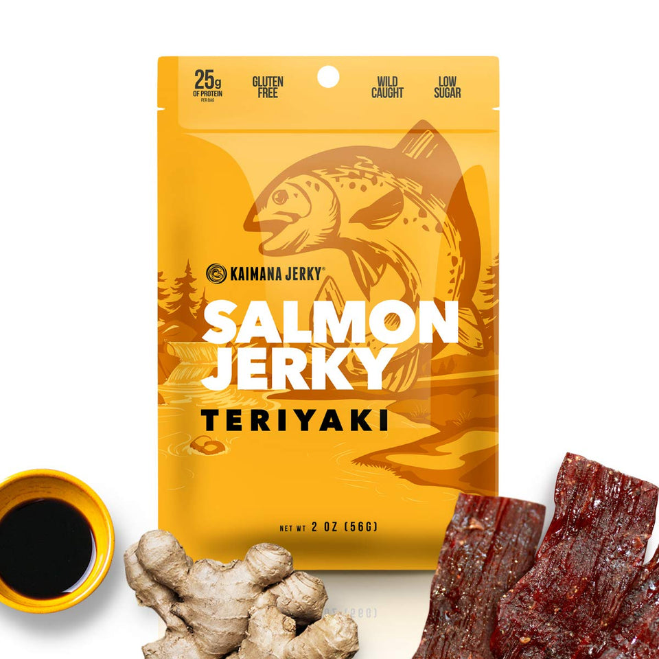 Kaimana Jerky wild caught salmon jerky pack shows glossy teriyaki slices for a protein-rich snack.
