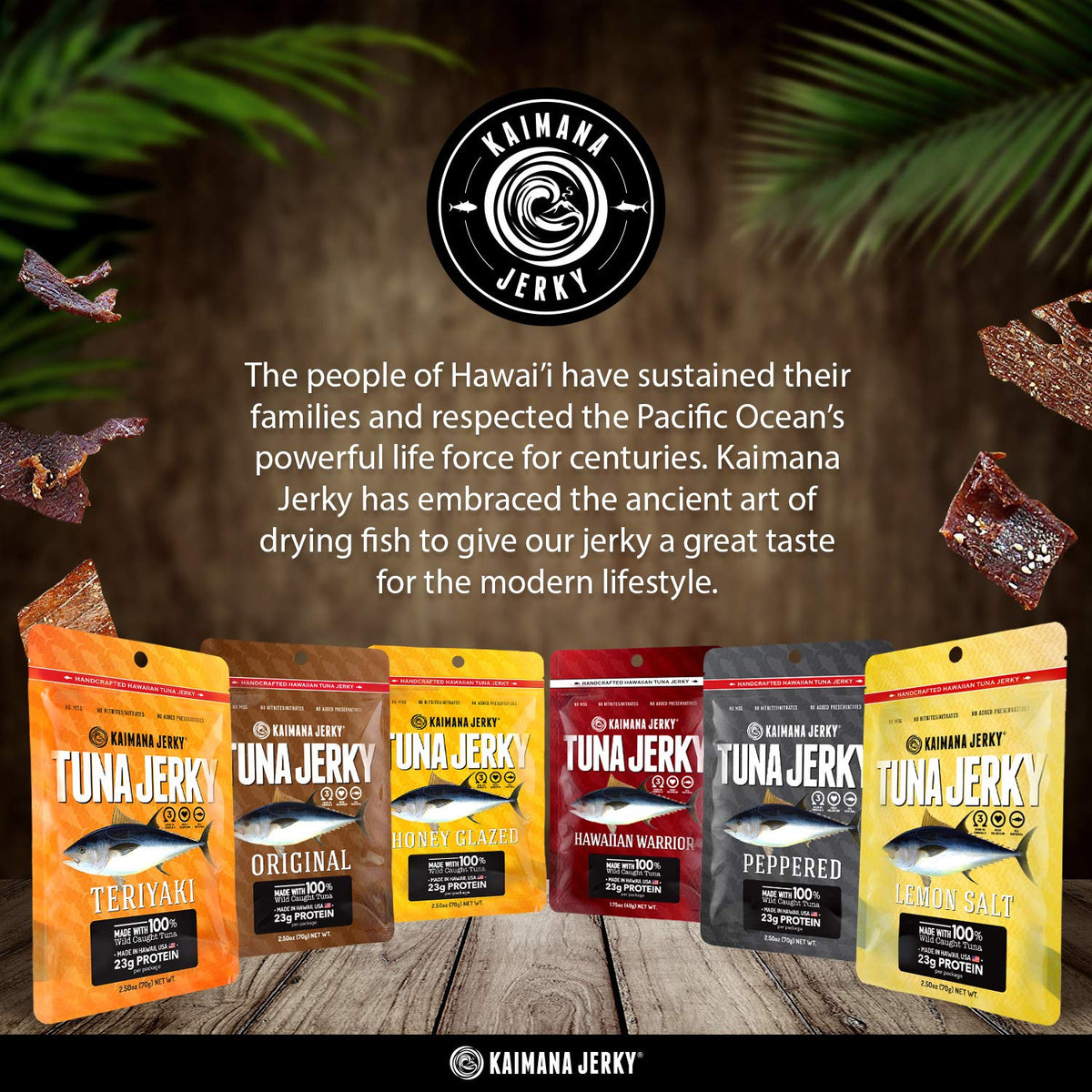 Kaimana on-the-go jerky in a desk-side setup for quick protein boost.