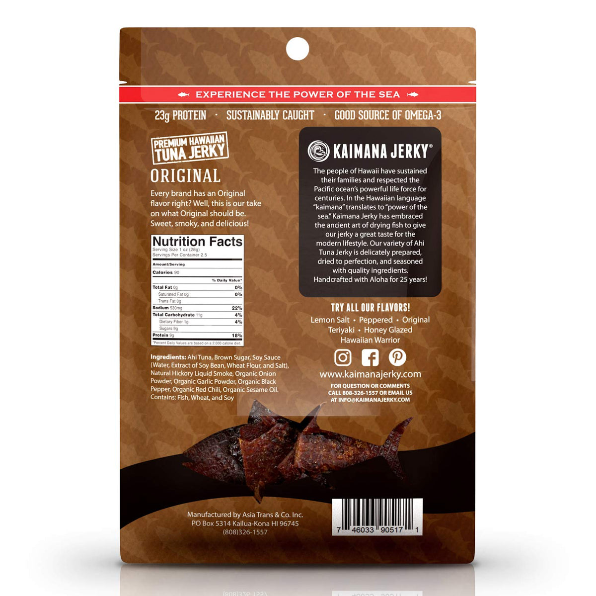 Kaimana Original jerky bag-open view shows savory strips for on-the-go energy.