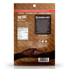 Kaimana Original jerky bag-open view shows savory strips for on-the-go energy.