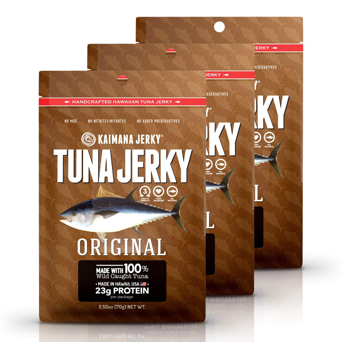 Kaimana Original Ahi Tuna Jerky pack-front, a convenient high-protein snack.