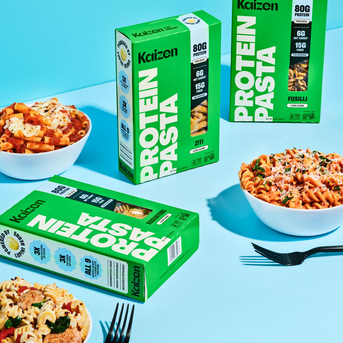 Kaizen Cavatappi Protein Pasta package display emphasizes three-pack value for readers.