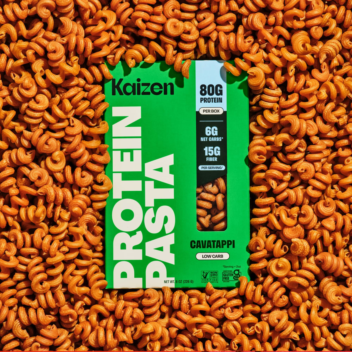 Kaizen Cavatappi Protein Pasta serving plate presents a fiber-rich, filling dinner option.