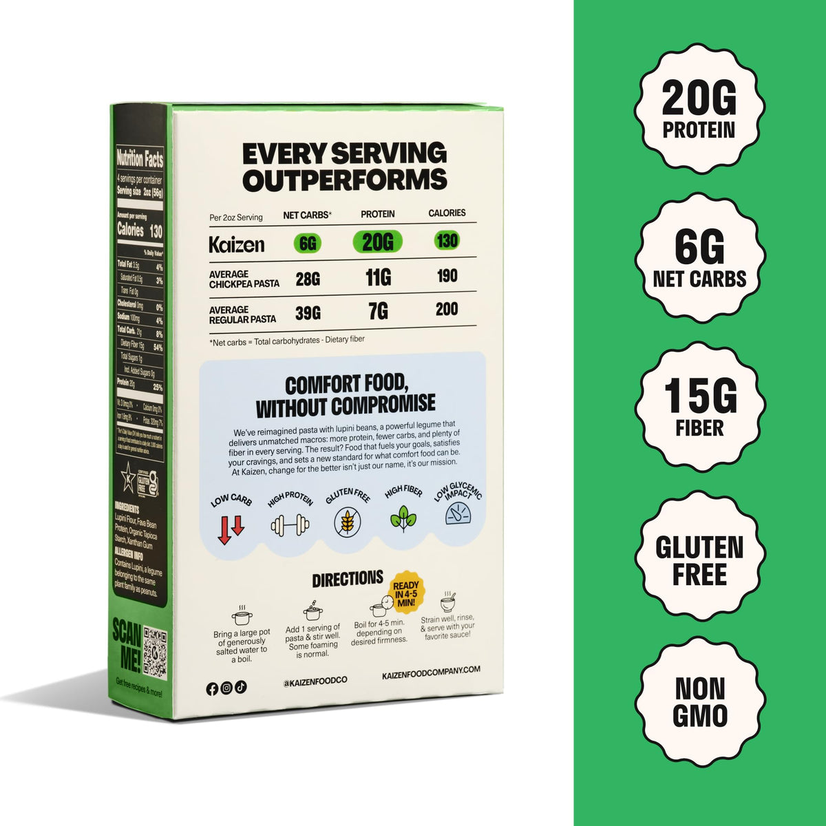 Kaizen Fusilli lupini bean ingredient highlight for low-carb nutrition.