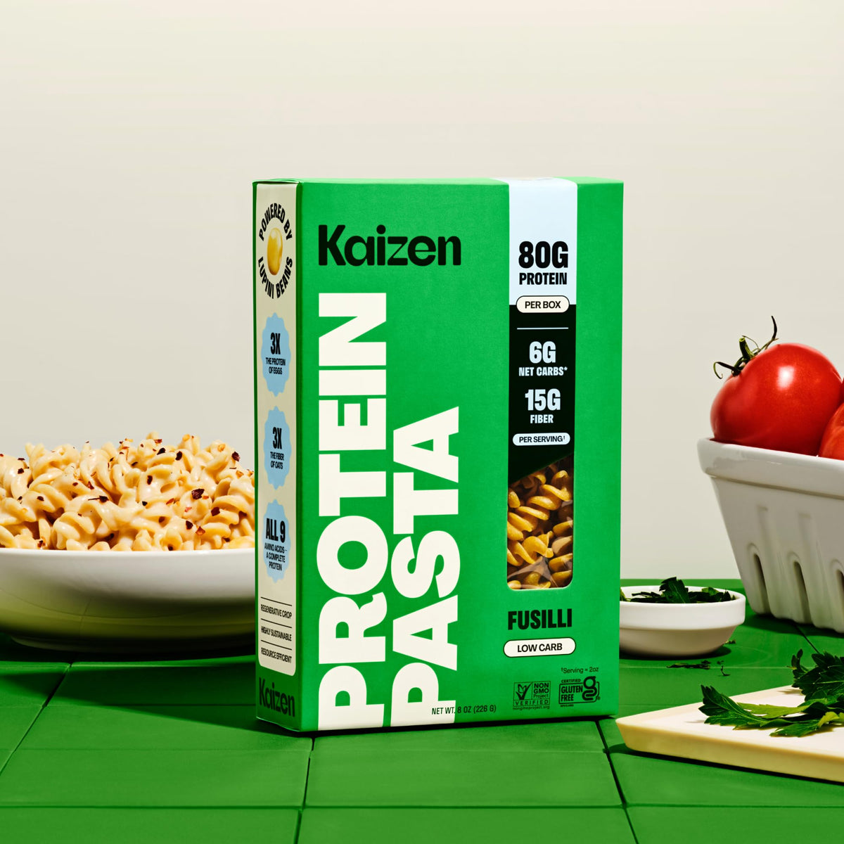 Kaizen Fusilli packaging with three-pack display emphasizes value and gluten-free protein.