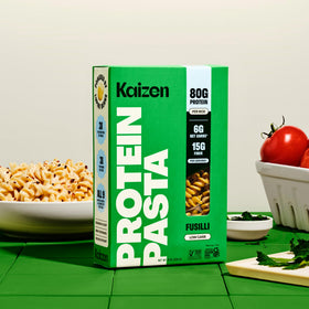 Kaizen Fusilli packaging with three-pack display emphasizes value and gluten-free protein.