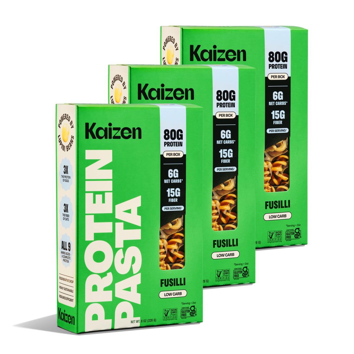 Kaizen Fusilli Protein Pasta uncooked bundle shows lupini-based low-carb option.