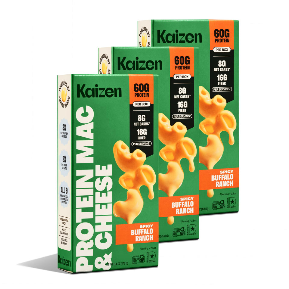 Kaizen High Protein Spicy Buffalo Ranch Mac & Cheese pack front displaying bold flavor and value